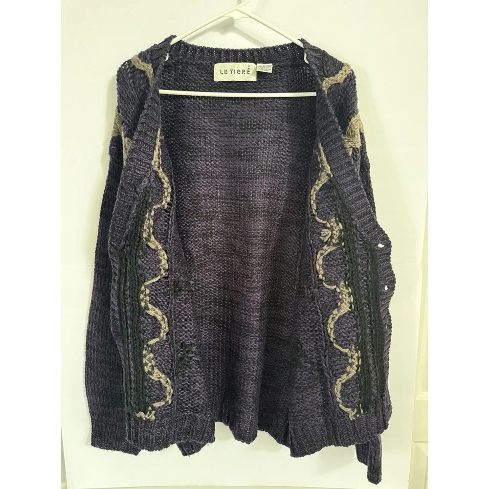 Vintage Le Tigre Cardigan Purple and Brown XL Chunky Knit Cosby Grandpacore